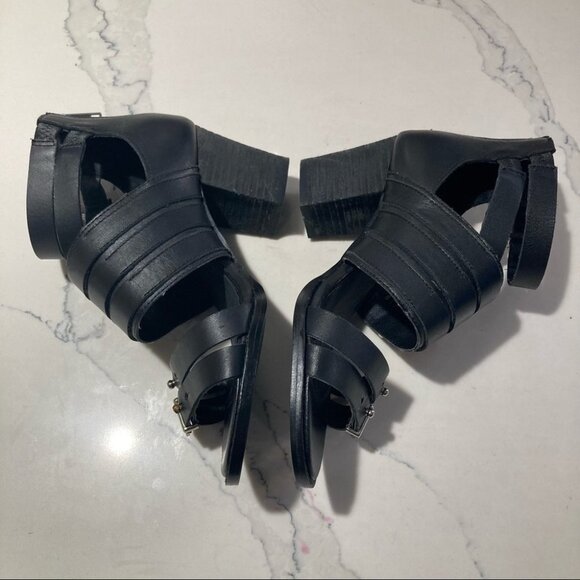 SHELLYS LONDON Sz 5 Stacked 2.5” Heel Buckle Accents Sandals - Picture 5 of 10